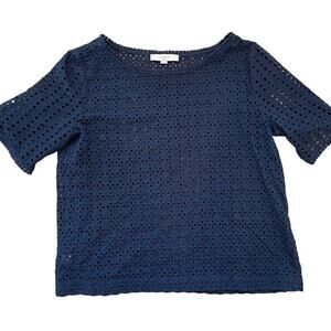 LOFT Cotton Navy Short Sleeve Eyelet Shirt/Top/Blouse with Pom Pom Trim, L